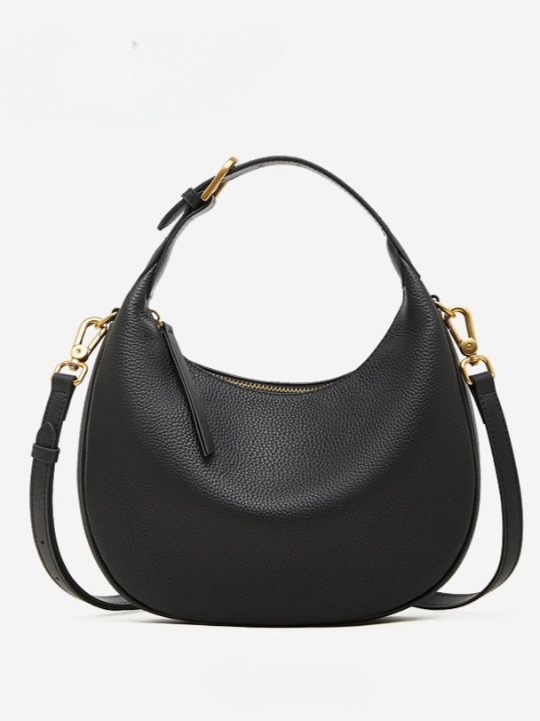 Women's Pebbled Cowhide Half-Moon Hobo Bag with Adjustable Strap