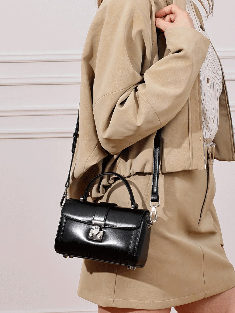 Women's Genuine Leather Cylinder Box Bag with Push Lock