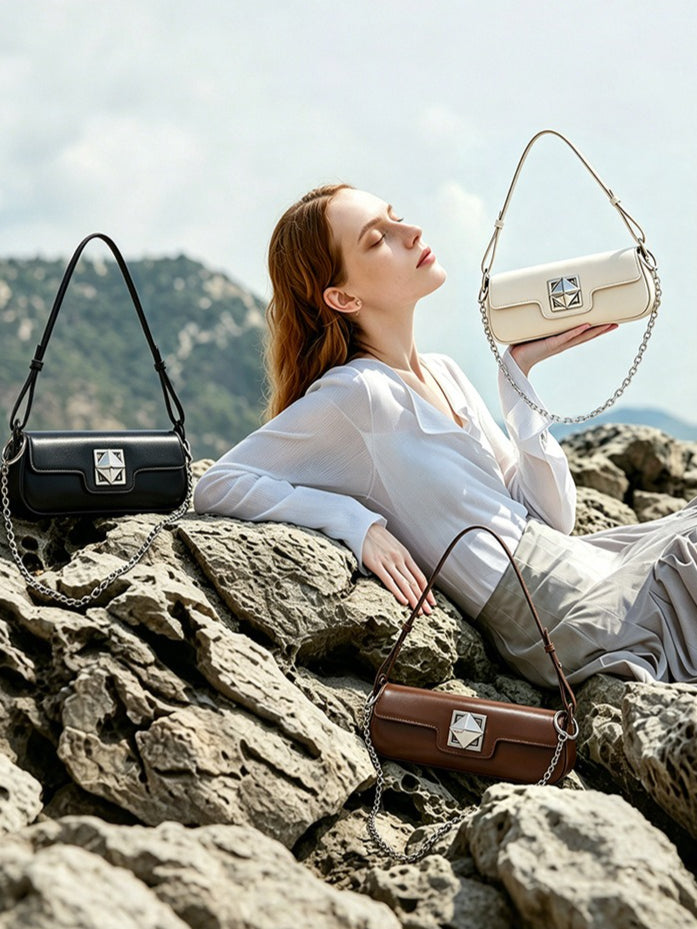 Women's Smooth Cowhide Silver-Buckle Baguette Shoulder Bag