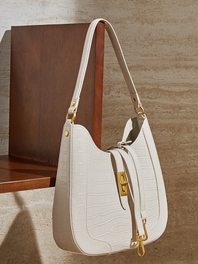 Women's Croc-Embossed Genuine Leather Hobo Bag with Detachable Pouch