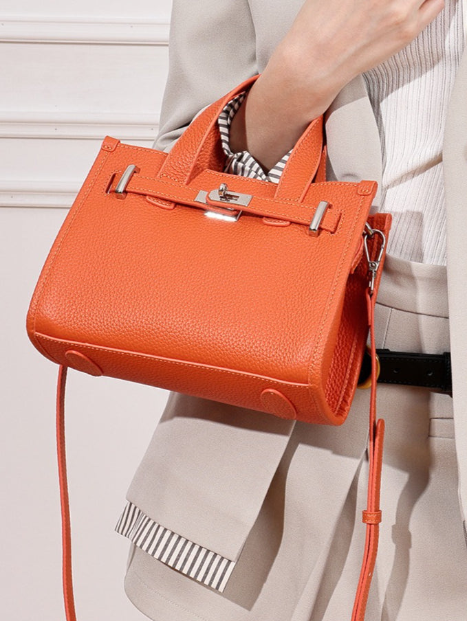 Women's Pebbled Cowhide Kelly Bag with Metal Turn-Lock
