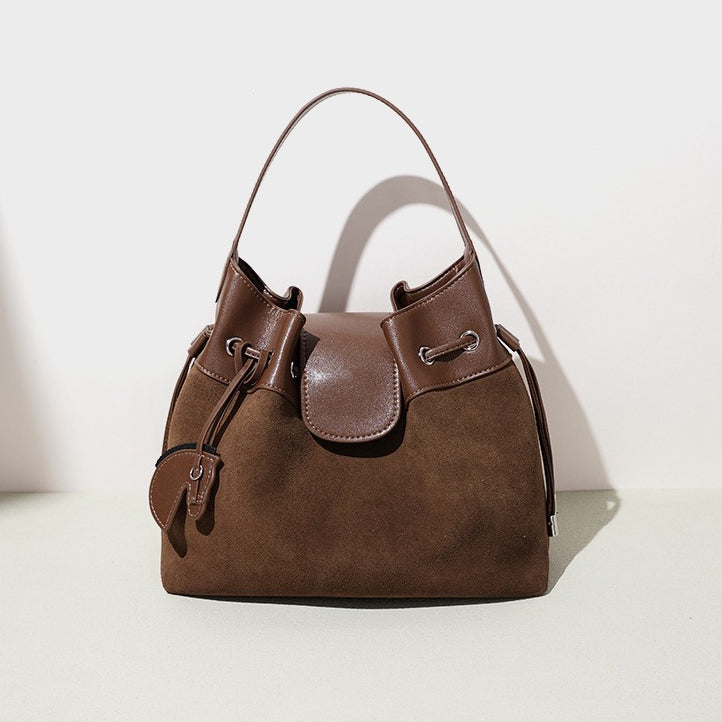 Women's Suede Leather Drawstring Bucket Bag with Horse Charm