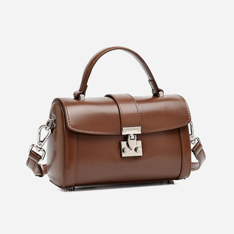 Women's Genuine Leather Cylinder Box Bag with Push Lock