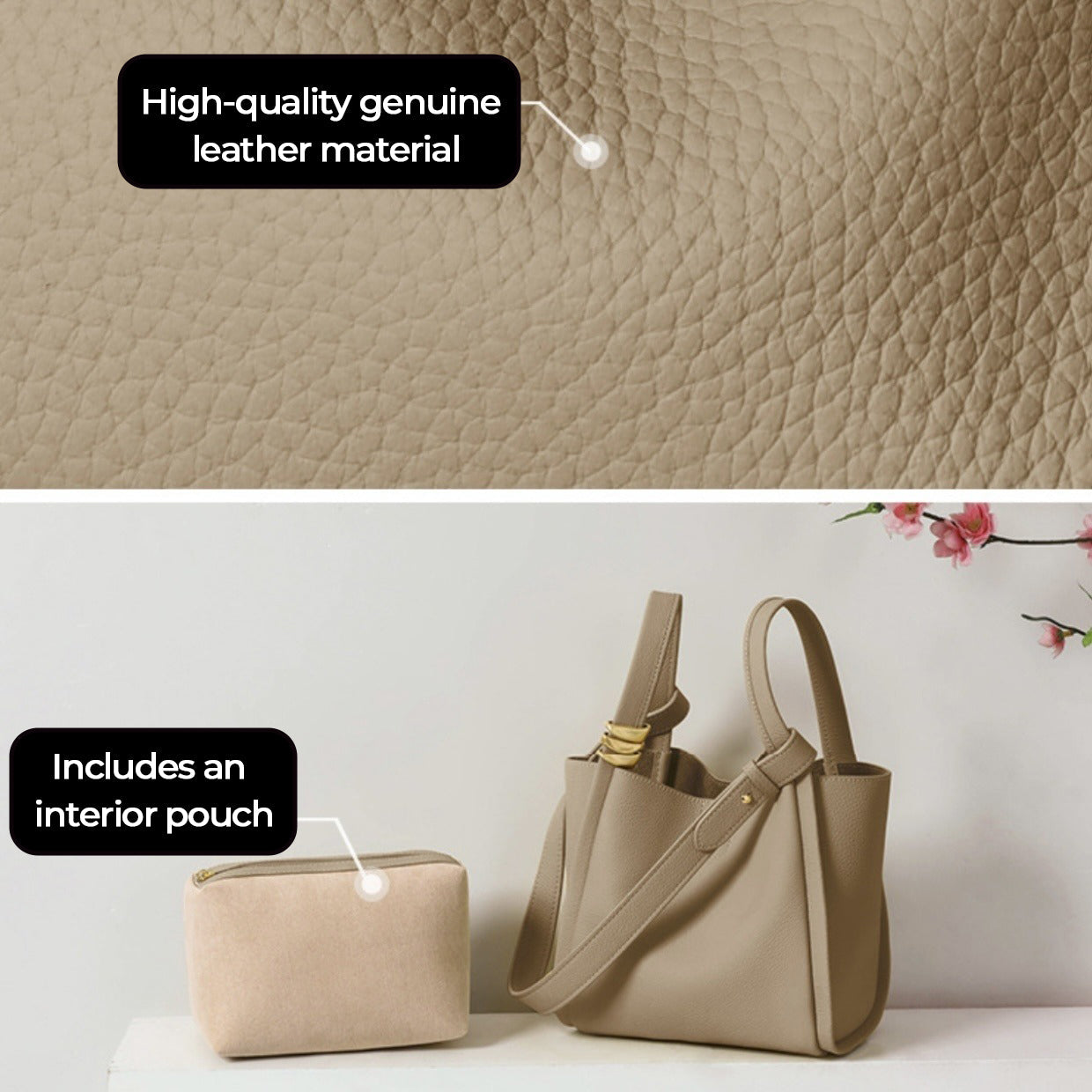 Women's Genuine Leather Mini Crossbody Bucket Bag with Inner Pouch