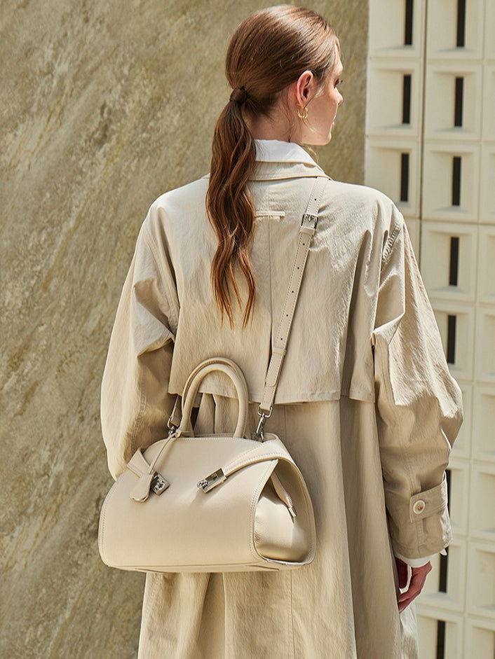 Women's Lychee-Grain Cowhide Double-Buckle Convertible Tote