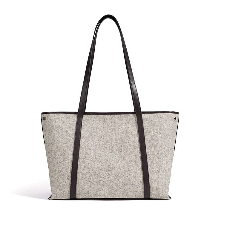 Women's Canvas Tote Bag with Genuine Leather Panels and Tassel Charm