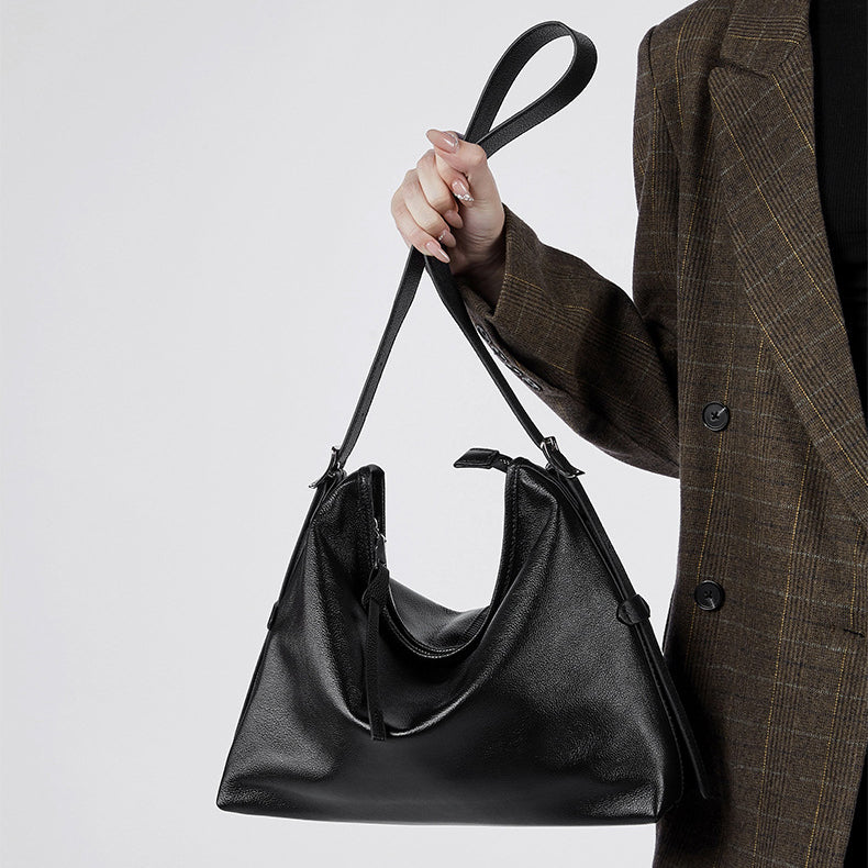 Women's Genuine Leather Retro Shoulder Tote Bag with Lock Detail