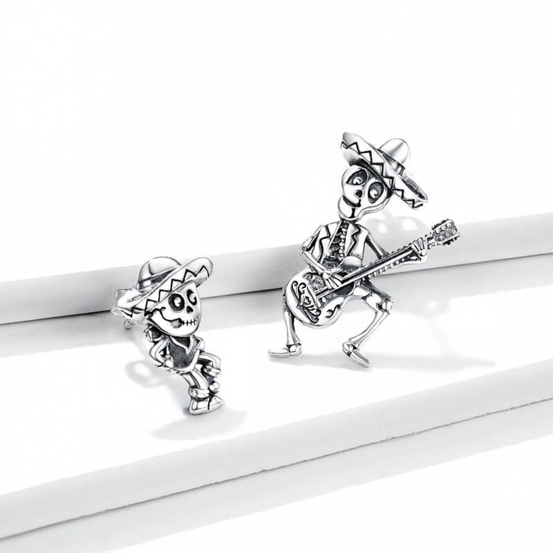“Skeleton Serenade” S925 Sterling Silver Guitarist Skull Halloween Stud Earrings