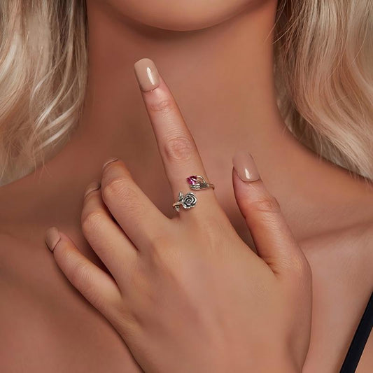 “Rosebound Soul” S925 Sterling Silver Open Adjustable Skull Hand Rose Ring