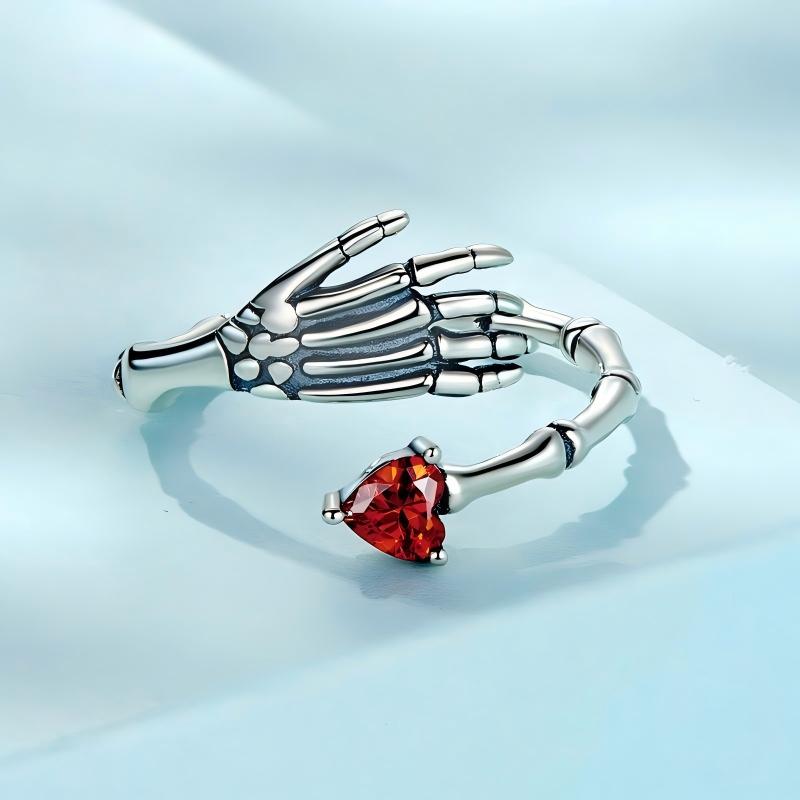 “Crimson Grip” S925 Sterling Silver Open Adjustable Skull Hand Heart Ring