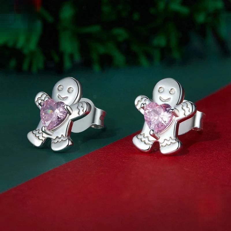 “Gingerbread Heart” S925 Sterling Silver Pink Zircon Christmas Stud Earrings
