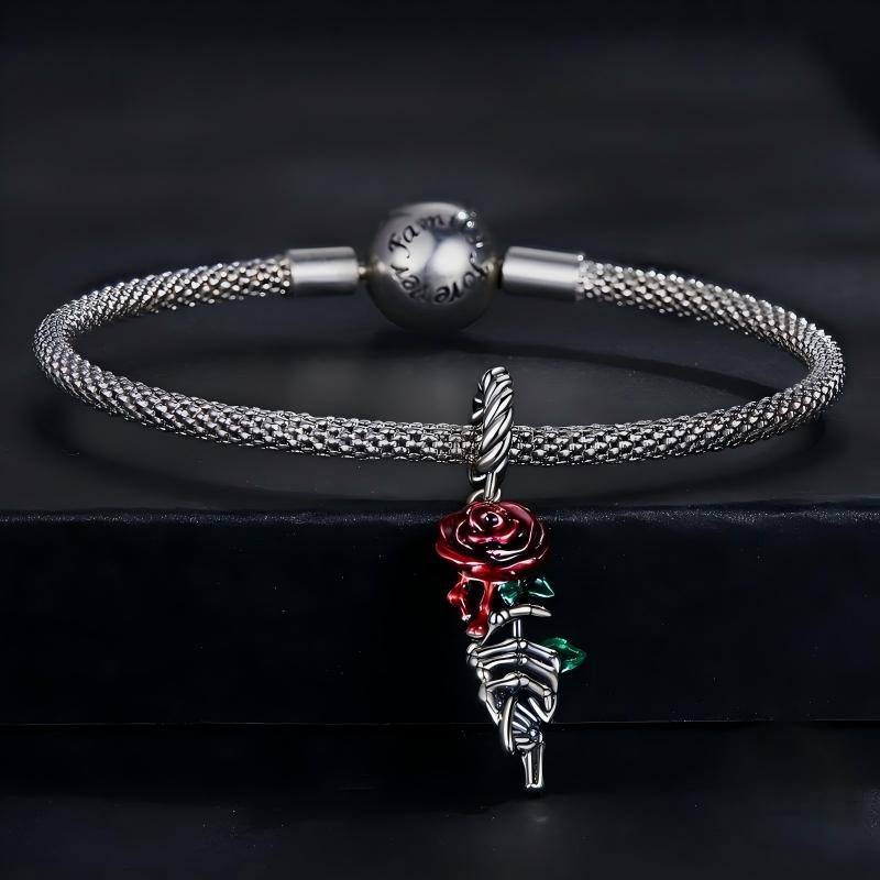“Crimson Bloom” S925 Sterling Silver Skull Hand Red Rose Pendant