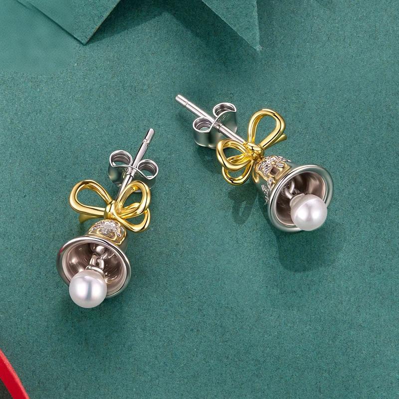 “Winter Jingle” S925 Sterling Silver Christmas Bell Bow Stud Earrings