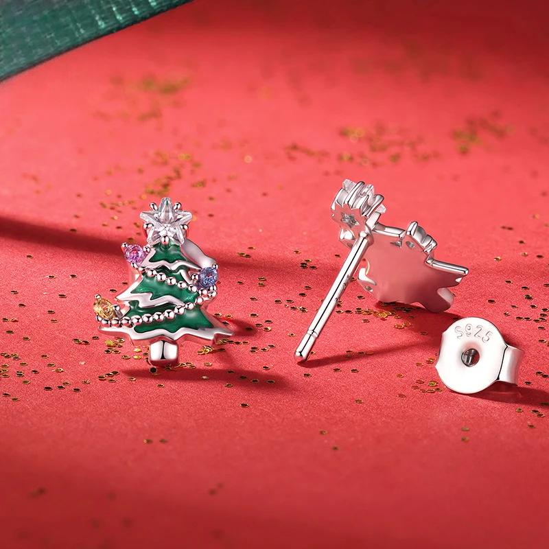 “Evergreen Glow” S925 Sterling Silver Christmas Tree Stud Earrings