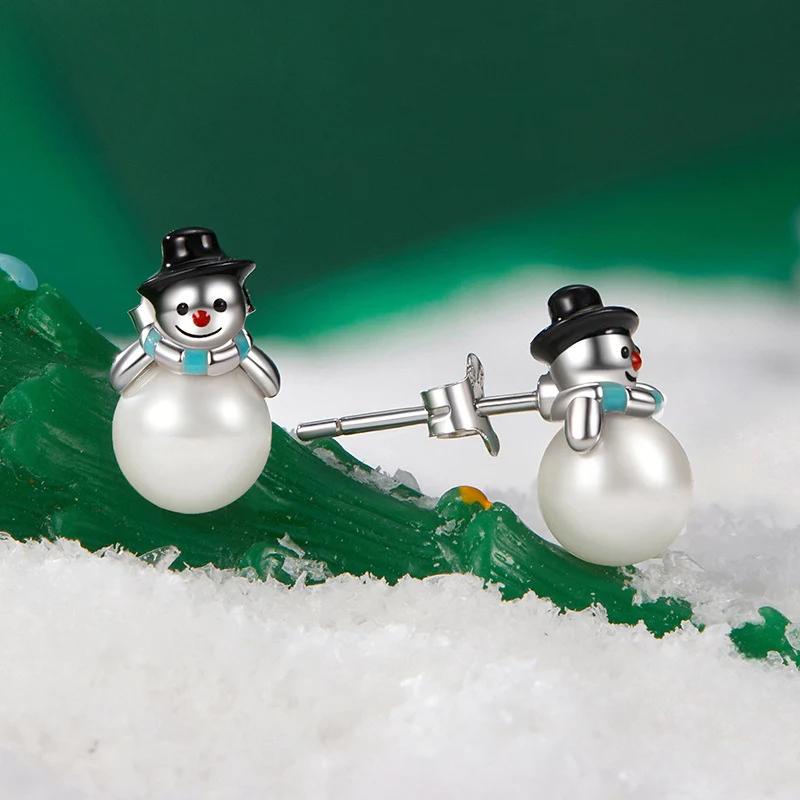 “Snowman Pearl” S925 Sterling Silver Christmas Snowman Stud Earrings