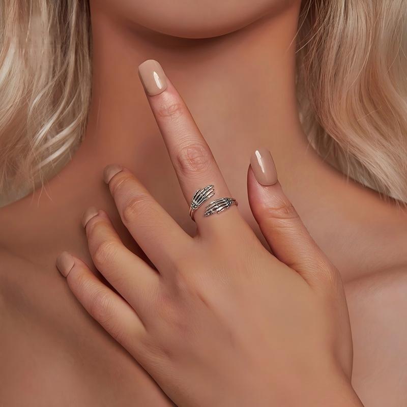 “Soul Embrace” S925 Sterling Silver Open Adjustable Skull Hand Ring