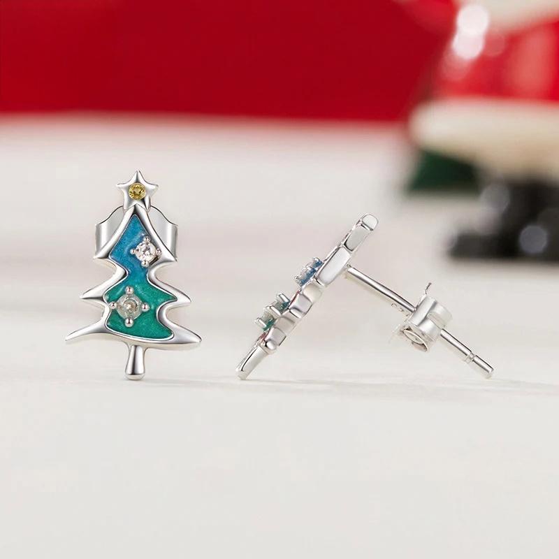 “Evergreen Spark” S925 Sterling Silver Christmas Tree Stud Earrings