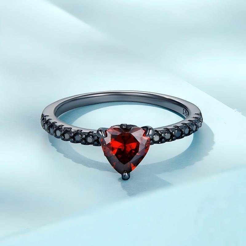 “Dark Heart” S925 Sterling Silver Black Gold Plated Red Heart Zircon Ring