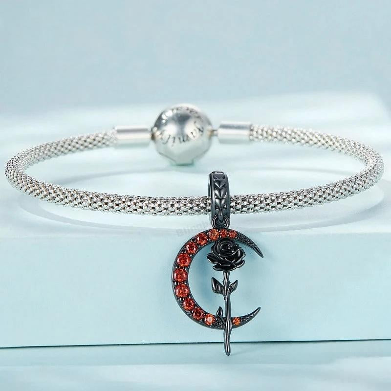 “Moonlit Rose” S925 Sterling Silver Black Gold-Tone Zircon Rose Moon Pendant