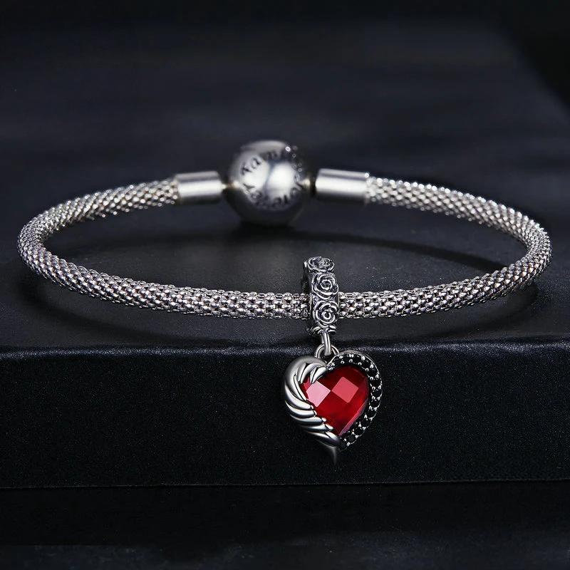 “Crimson Wing” S925 Sterling Silver Red Zircon Rose Heart Pendant Bead