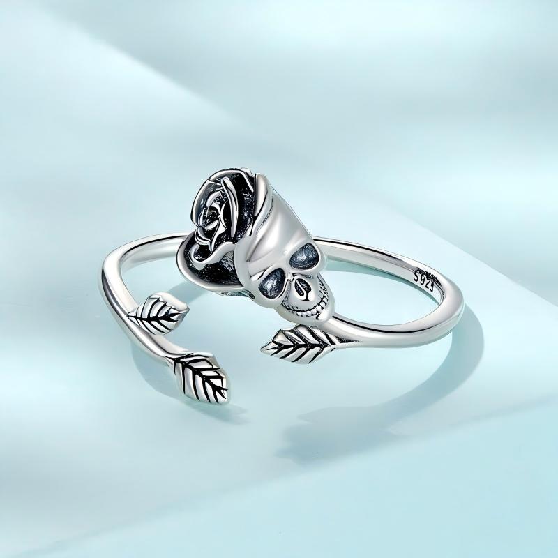 “Eternal Rose” S925 Sterling Silver Skull Rose Adjustable Ring