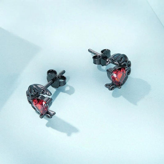 “Moonlit Heart” S925 Sterling Silver Black Gold-Tone Zircon Heart Stud Earrings