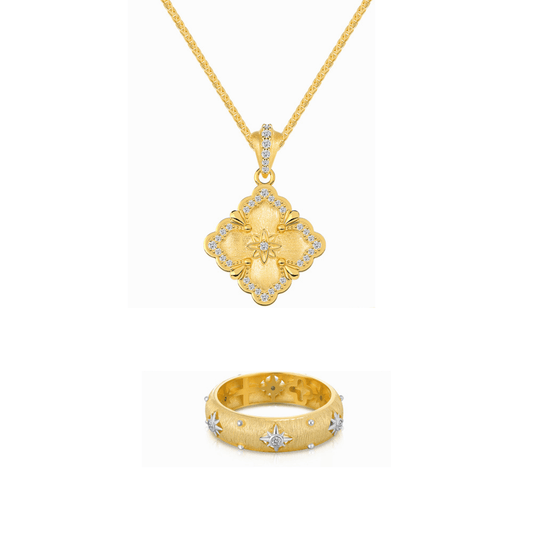 925 Sterling Silver Gilded Bloom Filigree Clover Necklace & Ring Set Gold Vermeil