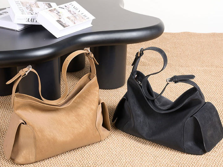Women's Full-Grain Cowhide Slouchy Shoulder Bag with Side Pockets