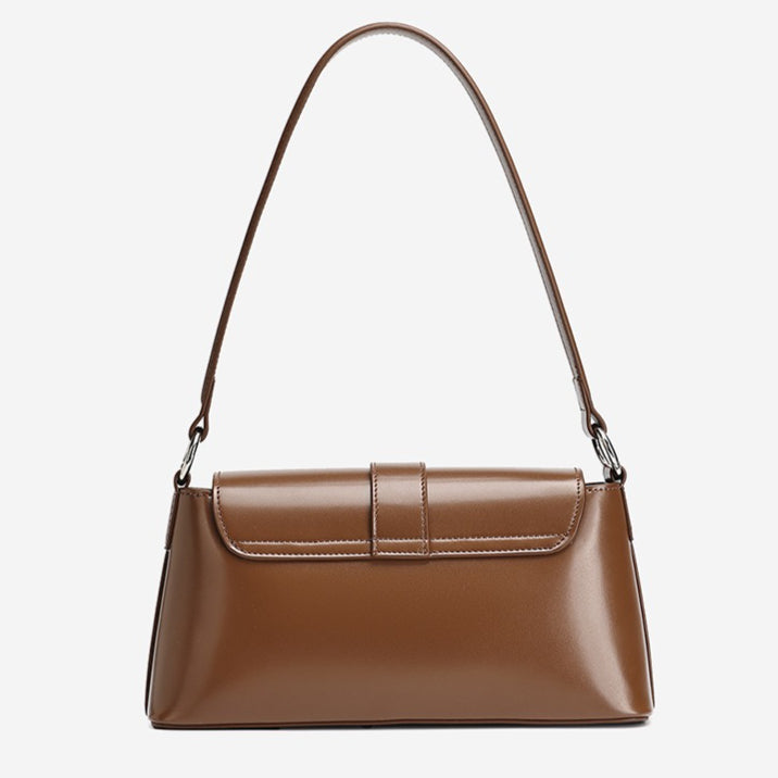 Women's Genuine Leather Vintage Baguette Shoulder Bag with Buckle