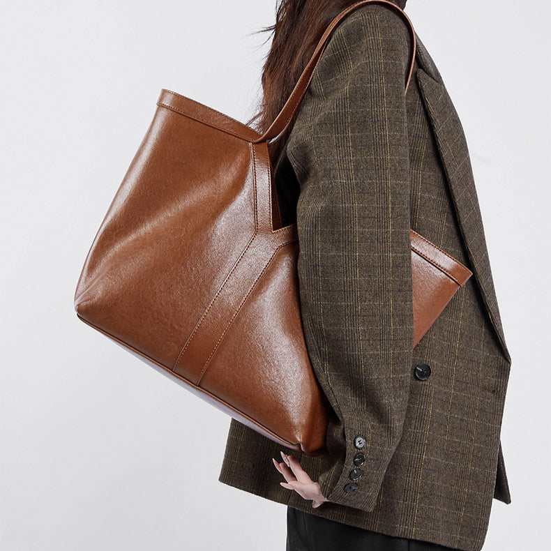 Women's Genuine Leather Open Top Vertical Tote Bag