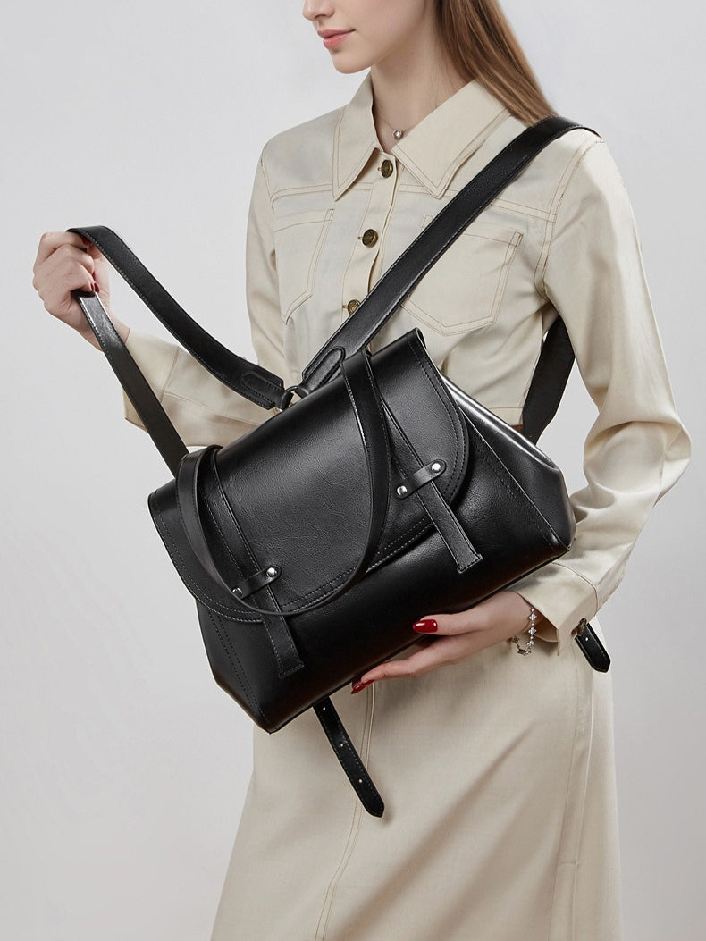 Women's Oil-Waxed Cowhide Convertible Flap Backpack