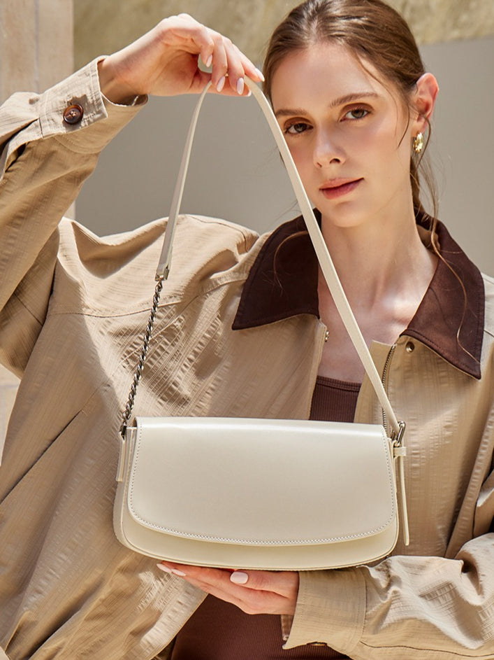Women's Soft Cowhide Baguette Saddle Bag with Chain Strap