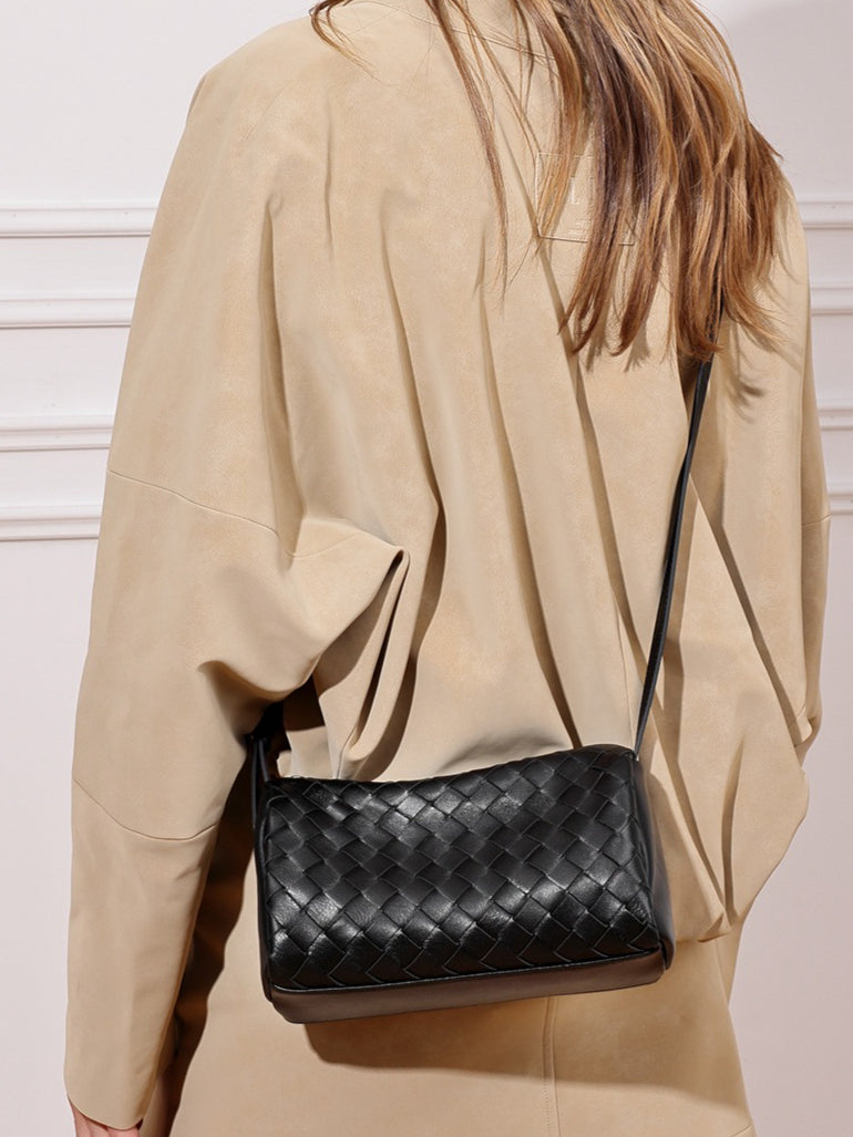 Women's Woven Sheepskin Baguette Bag with Adjustable Strap