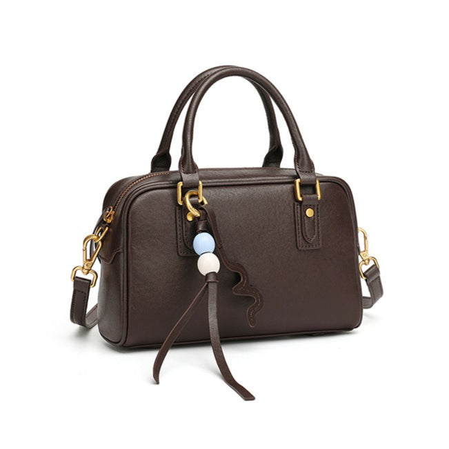 Women's Genuine Leather Boston Bag with Wavy Charm