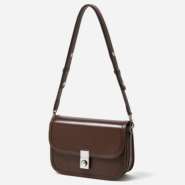 Women's Plain Cowhide Curved Satchel with Twist-Lock Closure