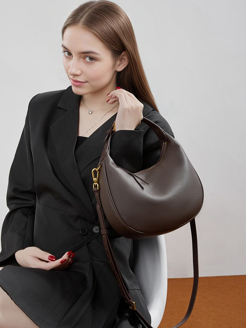 Women's Pebbled Cowhide Half-Moon Hobo Bag with Adjustable Strap