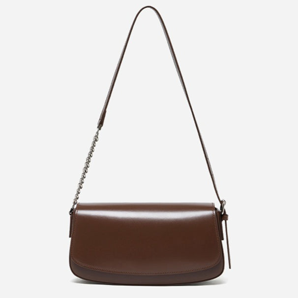 Women's Soft Cowhide Baguette Saddle Bag with Chain Strap