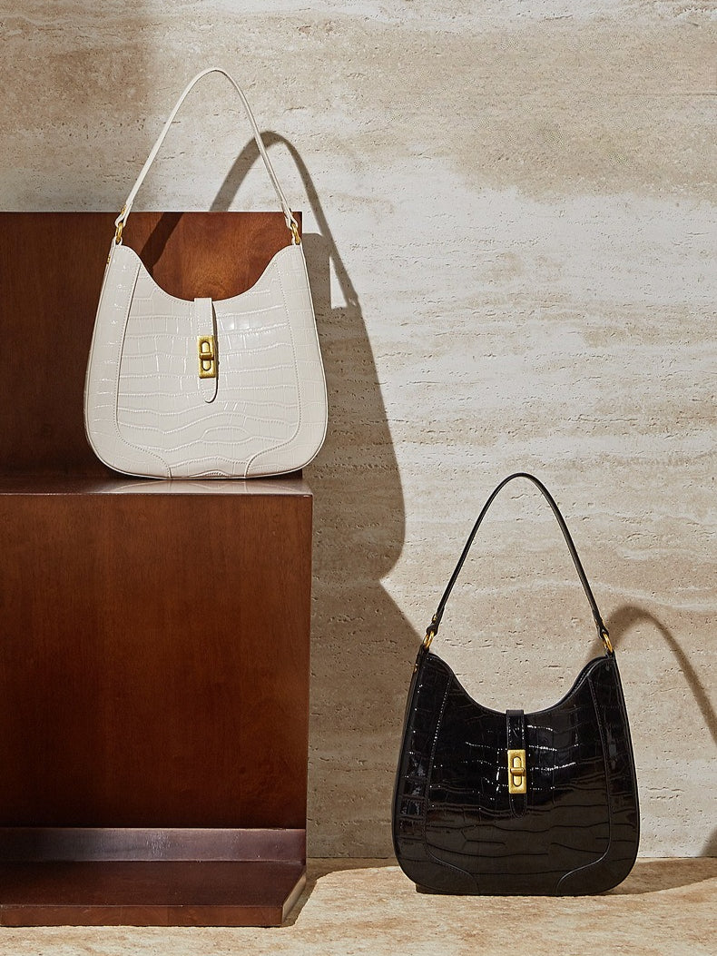 Women's Croc-Embossed Genuine Leather Hobo Bag with Detachable Pouch