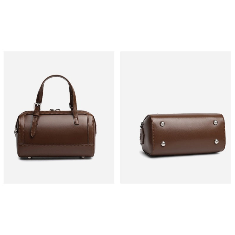 Women's Cowhide Retro Boston Barrel Bag with Adjustable Strap