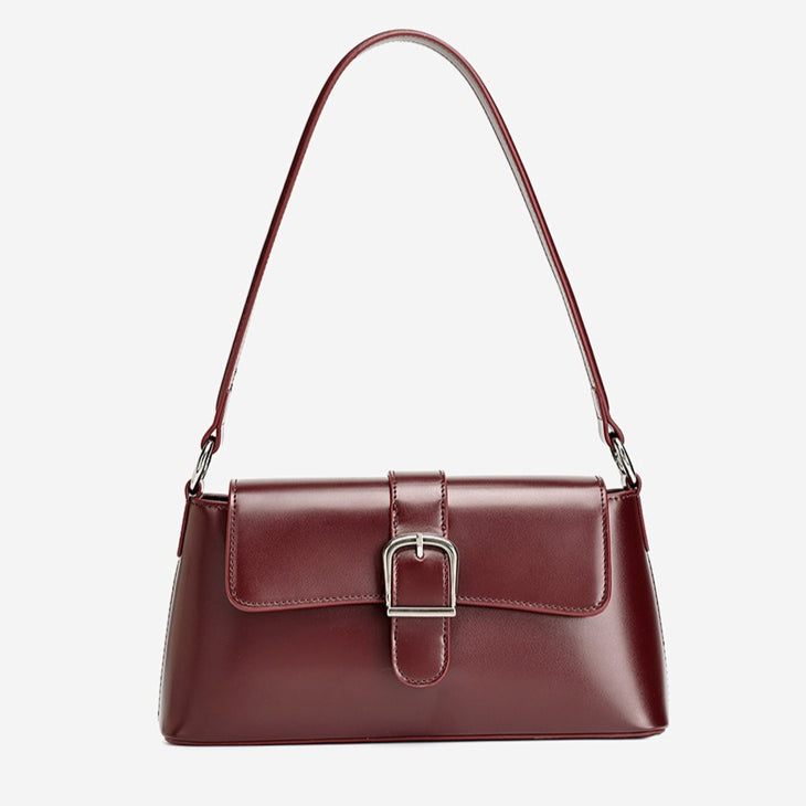Women's Genuine Leather Vintage Baguette Shoulder Bag with Buckle