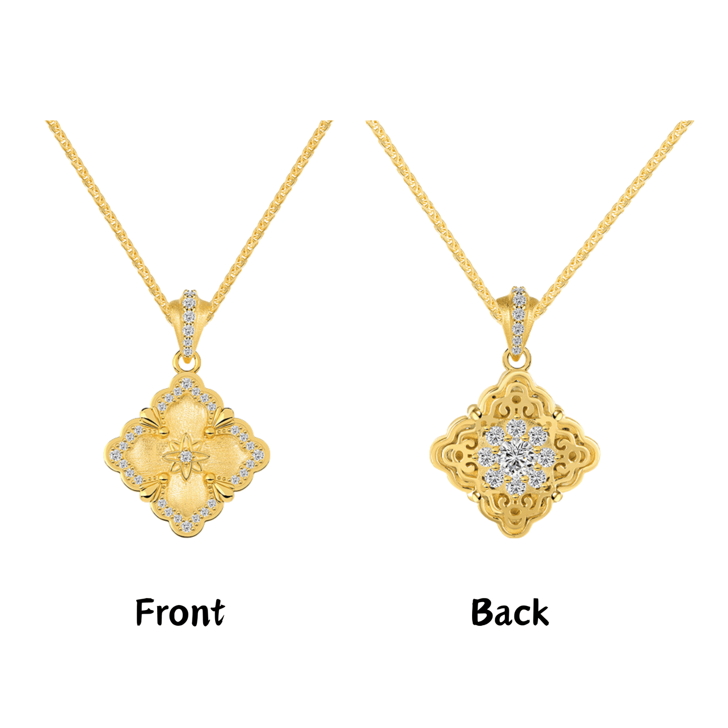 925 Sterling Silver Gilded Bloom Filigree Clover Necklace & Ring Set Gold Vermeil