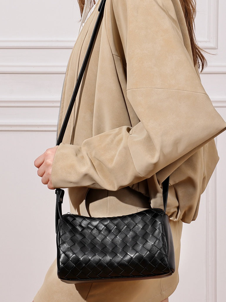 Women's Woven Sheepskin Baguette Bag with Adjustable Strap