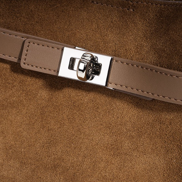 Women's Suede Cowhide Bucket Bag with Detachable Strap