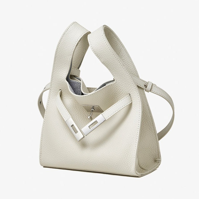 Women's Pebbled Cowhide Twist-Lock Bucket Bag with Inner Pouch