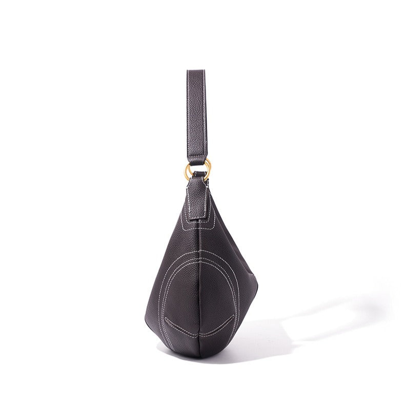 Women's Pebbled Cowhide Curved Hobo Bag with Contrast Stitching