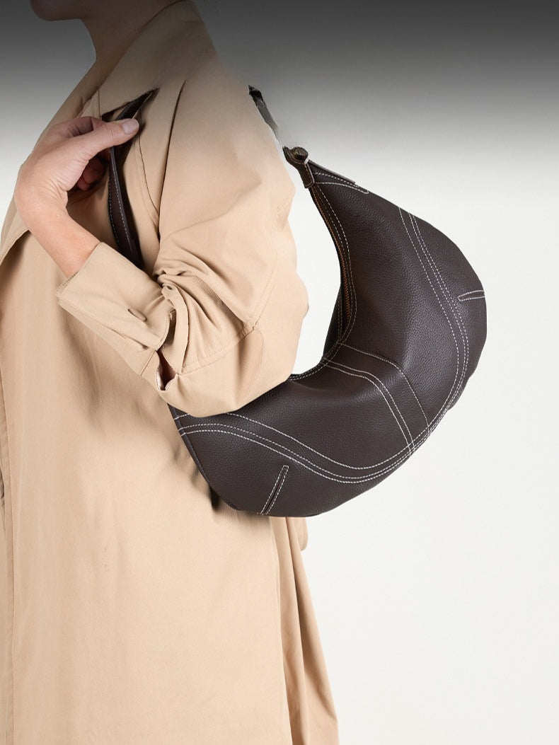 Women's Pebbled Cowhide Curved Hobo Bag with Contrast Stitching