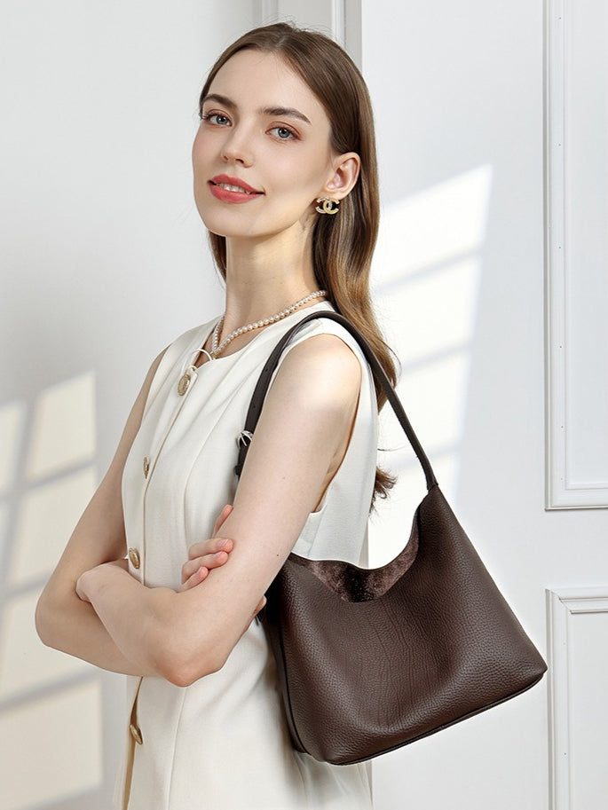 Women's TC Full-Grain Cowhide Hobo Bucket Bag with Adjustable Strap
