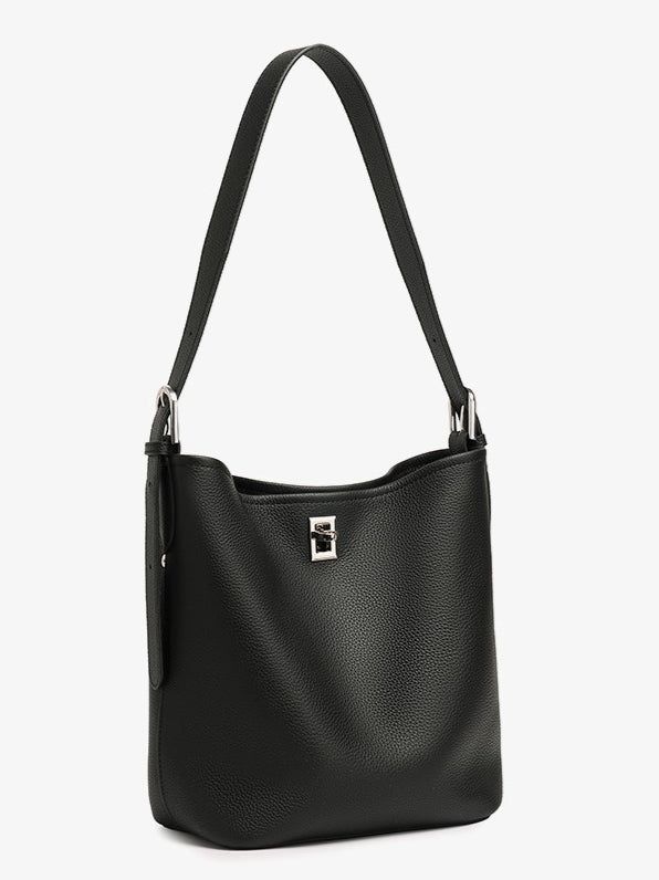 Women's Full-Grain Cowhide Sculpted Bucket Bag with Turn-Lock