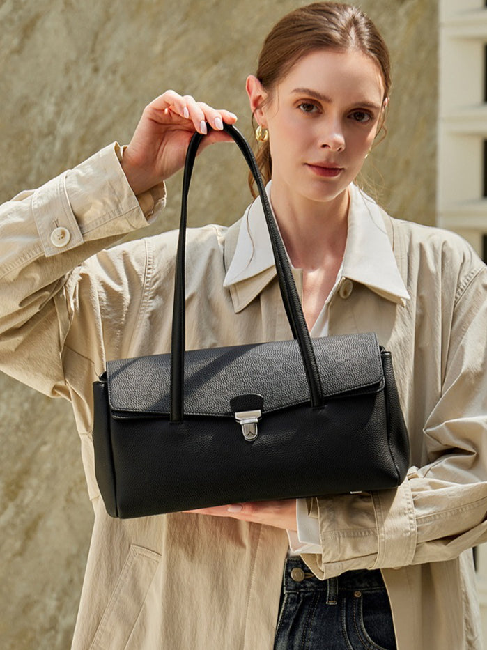 Women's Pebbled Cowhide Flap Tote with Twist-Lock Closure