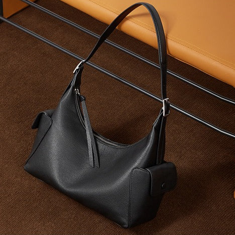 Women's Full-Grain Vegetable-Tanned Leather Tote Bag with Side Pockets
